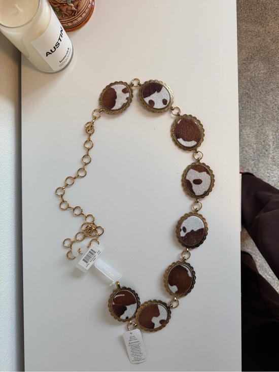 Accessories - Gold Chain Belt with Brown and White Cow Print Pattern